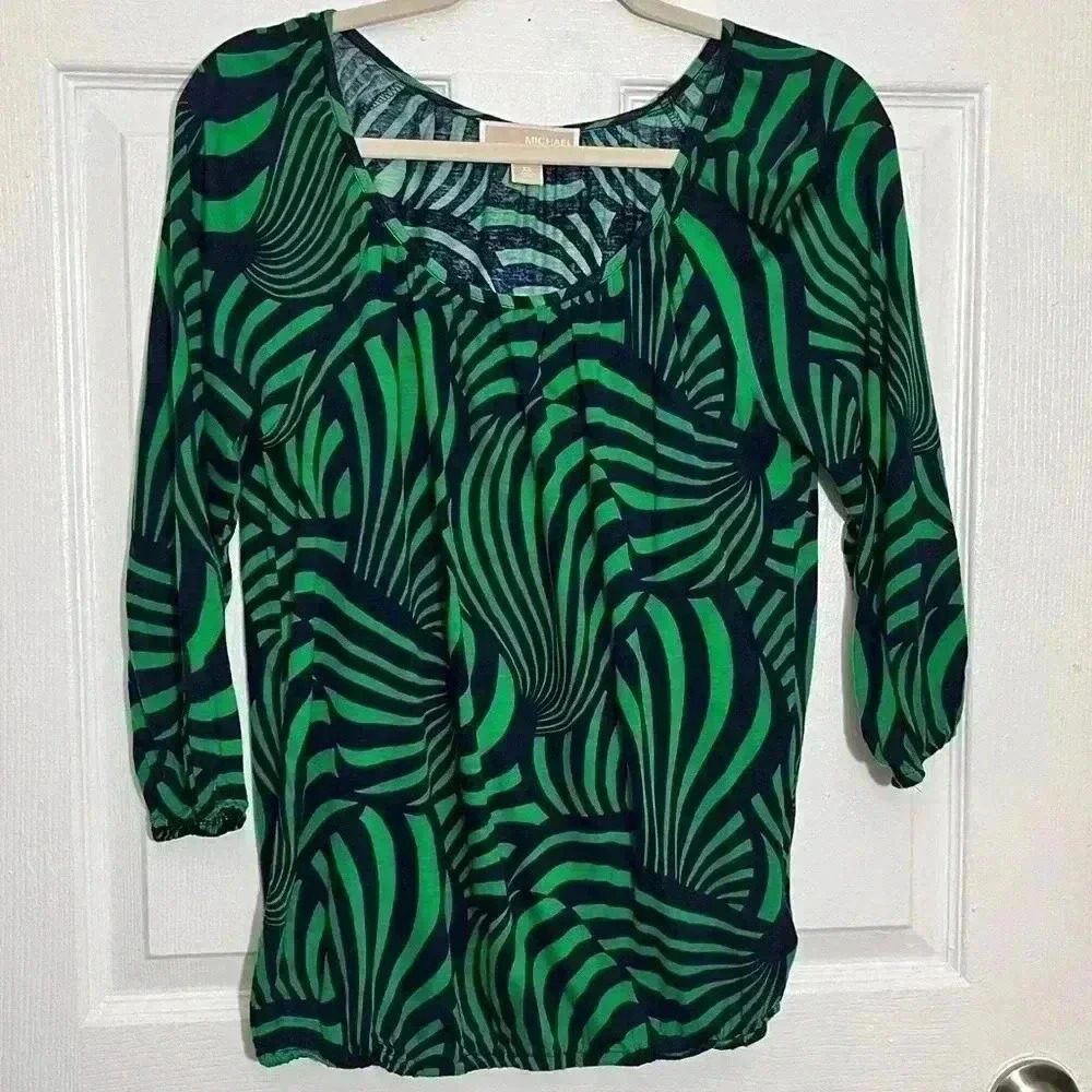 MICHAEL KORS Animal Print Navy and Green Peasant Top | size XS